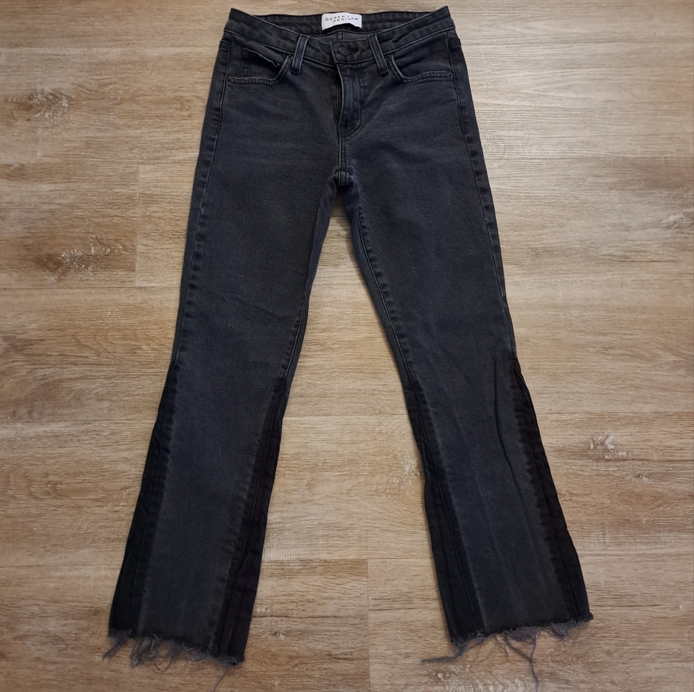 DEREK LAM DENIM Mid-Rise Cropped Flare Black Distressed Frayed Hem Jeans 26